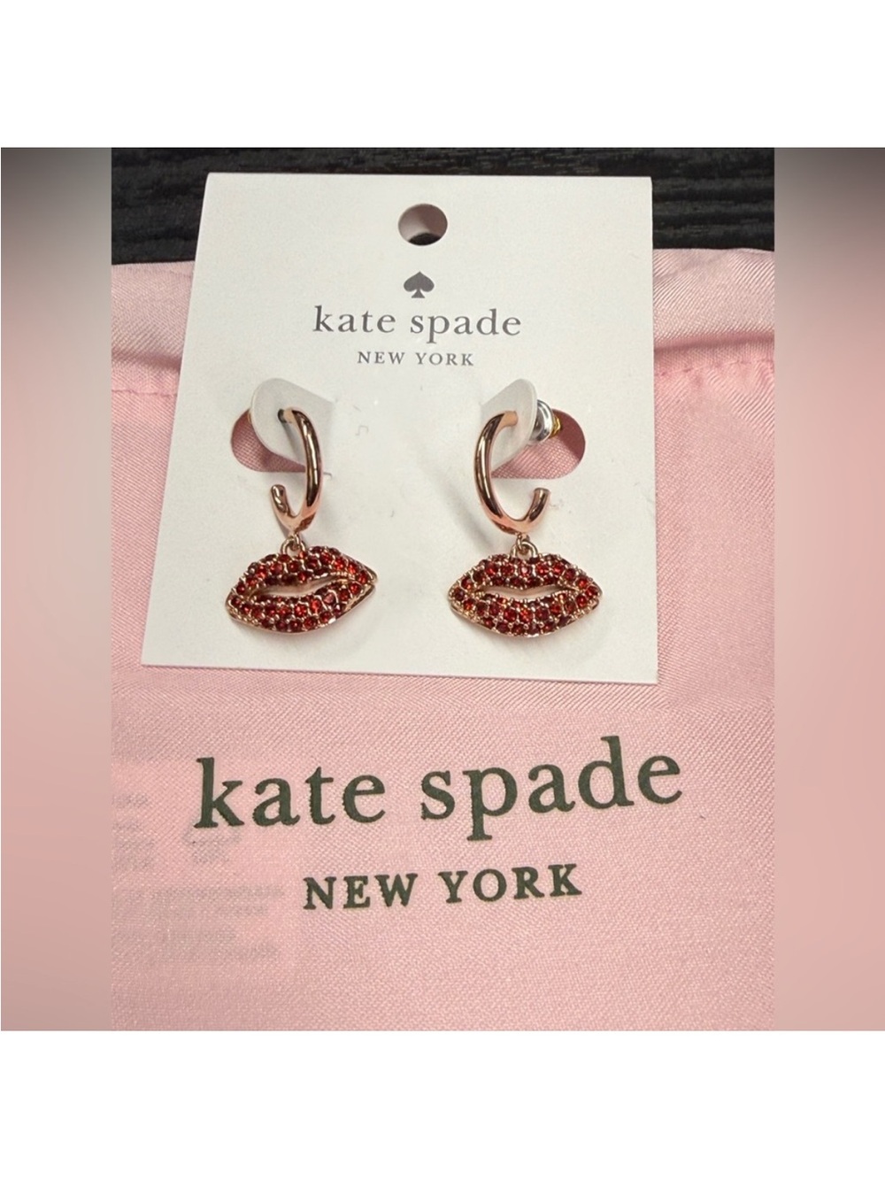 kate spade Gold Hoop Earrings with Red Pave Lip Charms